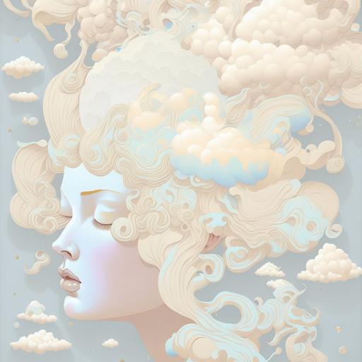 vanilla princess dreams of ice cream clouds, fine paper cutouts, shades of pale blue and light yellow, james jean, --v 4