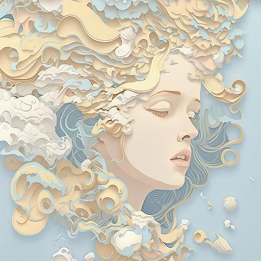 vanilla princess dreams of ice cream clouds, fine paper cutouts, shades of pale blue and light yellow, james jean, --v 4
