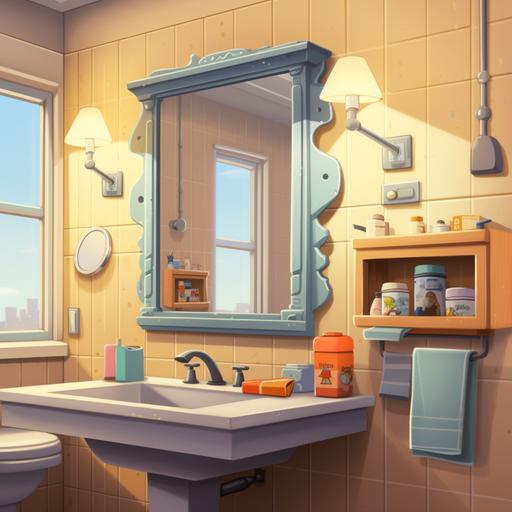 vanity in bathroom, cartoon style, realistic