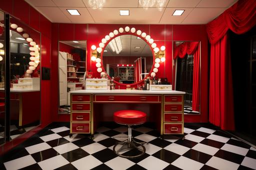 vanity makeup with lights all red with gold accents and black and white checkered floor --ar 3:2
