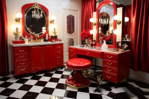 vanity makeup with lights all red with gold accents and black and white checkered floor --ar 3:2
