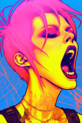 vaporwave | by mierlu::0 , appalachian vaporwave:: lots of pink smoke coming out of her mouth, anachronistic geoglyphic punk woman contemptuous anger, she blows a lot of smoke out of her wide-open mouth, drawing, outlines, scribble, graphic bold blue and orange facial tattoos, yellow background, Conrad Roset, synthwave style, cyberpunk art, geoglyphpunk, space art, pop surrealism --ar 2:3 --c 22 --s 333 --v 5.1 --no cigarette