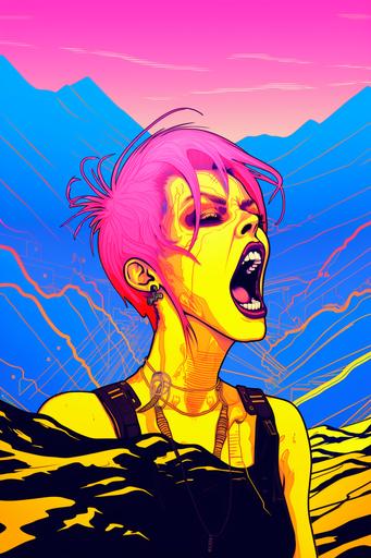 vaporwave | by mierlu::0 , lots of pink smoke coming out of her mouth in appalachian vaporwave, anachronistic geoglyphic punk woman contemptuous anger, she blows a lot of smoke out of her wide-open mouth, drawing, outlines, scribble, graphic bold blue and orange facial tattoos, yellow background, Conrad Roset, synthwave style, cyberpunk art, geoglyphpunk, space art, pop surrealism in the Inextricably Deep World of appalachian vaporwave, Hauntology, Nostalgia Aesthetic Background --style 2OeEnJrBbpmC2E59Je63c7Kf1 --ar 2:3 --c 22 --s 333 --v 5.2 --no cigarette