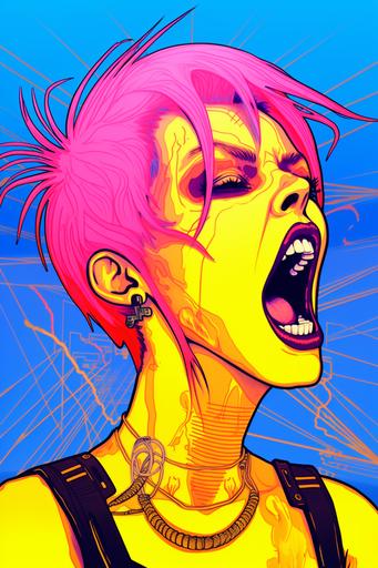 vaporwave | by mierlu::0 , lots of pink smoke coming out of her mouth in appalachian vaporwave, anachronistic geoglyphic punk woman contemptuous anger, she blows a lot of smoke out of her wide-open mouth, drawing, outlines, scribble, graphic bold blue and orange facial tattoos, yellow background, Conrad Roset, synthwave style, cyberpunk art, geoglyphpunk, space art, pop surrealism in the Inextricably Deep World of appalachian vaporwave, Hauntology, Nostalgia Aesthetic Background --style 2OeEnJrBbpmC2E59Je63c7Kf1 --c 22 --s 333 --v 5.2 --no cigarette --ar 2:3
