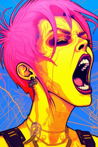 vaporwave | by mierlu::0 , lots of pink smoke coming out of her mouth in appalachian vaporwave, anachronistic geoglyphic punk woman contemptuous anger, she blows a lot of smoke out of her wide-open mouth, drawing, outlines, scribble, graphic bold blue and orange facial tattoos, yellow background, Conrad Roset, synthwave style, cyberpunk art, geoglyphpunk, space art, pop surrealism in the Inextricably Deep World of appalachian vaporwave, Hauntology, Nostalgia Aesthetic Background --style 2OeEnJrBbpmC2E59Je63c7Kf1 --ar 2:3 --c 22 --s 333 --v 5.2 --no cigarette