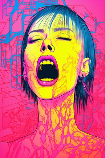 vaporwave | by mierlu::0 , lots of pink smoke coming out of her mouth in appalachian vaporwave, anachronistic geoglyphic punk woman contemptuous anger, she blows a lot of smoke out of her wide-open mouth, drawing, outlines, scribble, graphic bold blue and orange facial tattoos, yellow background, Conrad Roset, synthwave style, cyberpunk art, geoglyphpunk, space art, pop surrealism --ar 2:3 --c 22 --s 333 --v 5.2 --no cigarette