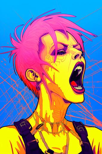 vaporwave | by mierlu::0 , lots of pink smoke coming out of her mouth in appalachian vaporwave, anachronistic geoglyphic punk woman contemptuous anger, she blows a lot of smoke out of her wide-open mouth, drawing, outlines, scribble, graphic bold blue and orange facial tattoos, yellow background, Conrad Roset, synthwave style, cyberpunk art, geoglyphpunk, space art, pop surrealism --ar 2:3 --c 22 --s 333 --v 5.1 --no cigarette