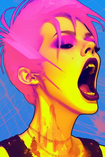 vaporwave | by mierlu::0 , appalachian vaporwave::3 lots of pink smoke coming out of her mouth, anachronistic geoglyphic punk woman contemptuous anger, she blows a lot of smoke out of her wide-open mouth, drawing, outlines, scribble, graphic bold blue and orange facial tattoos, yellow background, Conrad Roset, synthwave style, cyberpunk art, geoglyphpunk, space art, pop surrealism --ar 2:3 --c 22 --s 333 --v 5.1 --no cigarette