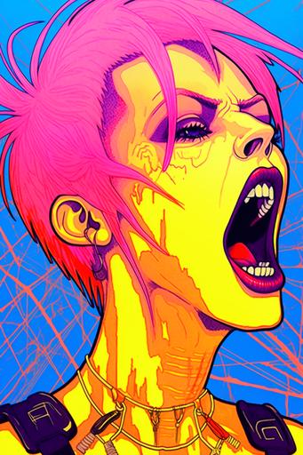 vaporwave | by mierlu::0 , lots of pink smoke coming out of her mouth in appalachian vaporwave, anachronistic geoglyphic punk woman contemptuous anger, she blows a lot of smoke out of her wide-open mouth, drawing, outlines, scribble, graphic bold blue and orange facial tattoos, yellow background, Conrad Roset, synthwave style, cyberpunk art, geoglyphpunk, space art, pop surrealism --ar 2:3 --c 22 --s 333 --v 5.1 --no cigarette