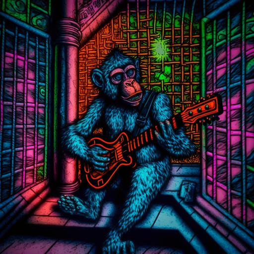 vaporwave monkey playing guitar in a cage at the zoo. black-light art, cosmic, wide-angle shot, insane detail, colored pencil, intricate detail, full HD. --s 1000 --uplight --v 4