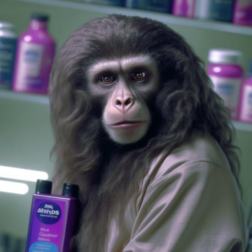 vaporwave monkey with long curly hair in a pantene commercial --v 4