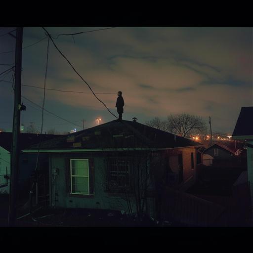 variation set in residential suburb with wider shot of child on top of building at night in style of gregory crewdson