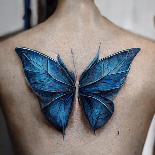 variations of blue four winged butterfly tattoo, hyper realistic 8k