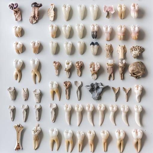 various human teeth of various colors and sizes --no red colored mostly as natural teeth but sometimes pastel, displayed on luxurious velvet suede, natural textures, soft diffused lighting, HD photo --tile --style raw --s 50