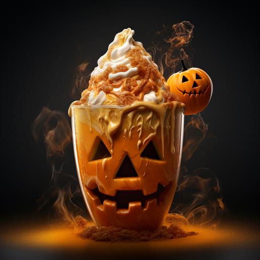 vaso de helado en forma de calabaza de halloween, realista, 3d, fotografía, motor irreal 5