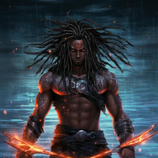 vatar the way of water, sharp, a handsome very skinny tall black male hot anime character, with abs, thin black dreads, glowing red pheonix tattoo on chest , scar face, holding big weapon, fire coming out of hand, 8k, high quality , realistic , in water. cinimatic
