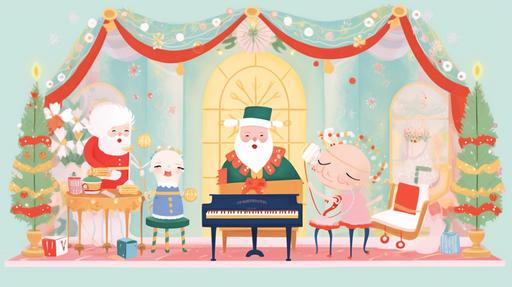 vaudeville play with santa playing piano, chibi cartoon --ar 16:9 --style otGZMkOPuyedjgb --v 5.2