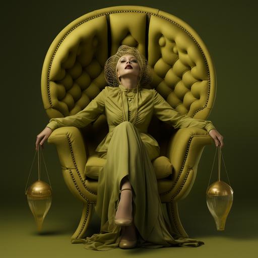 vaudeville psychic woman in the style of tim flach, olive green velvet chair, amber background