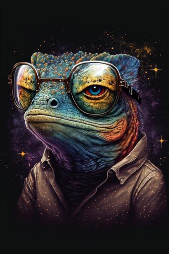 vector art of a cosmic intelectual funny grumpy lizard, t shirt print design --ar 2:3