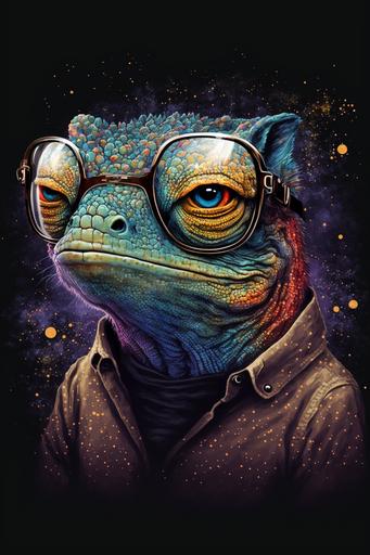 vector art of a cosmic intelectual funny grumpy lizard, t shirt print design --ar 2:3