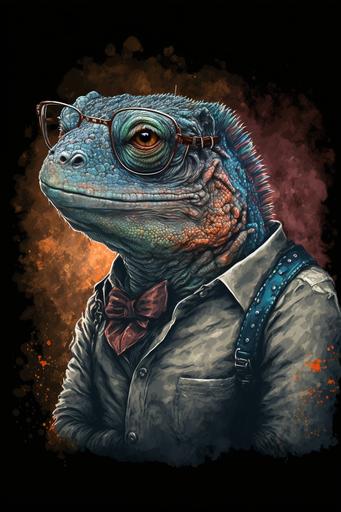 vector art of a cosmic intelectual funny grumpy lizard, t shirt print design --ar 2:3