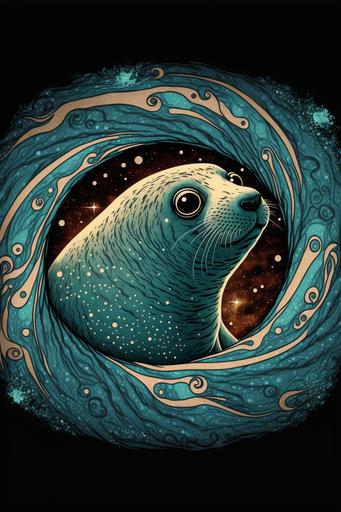 vector art of a cosmic intelectual funny grumpy seal, t shirt print design --ar 2:3