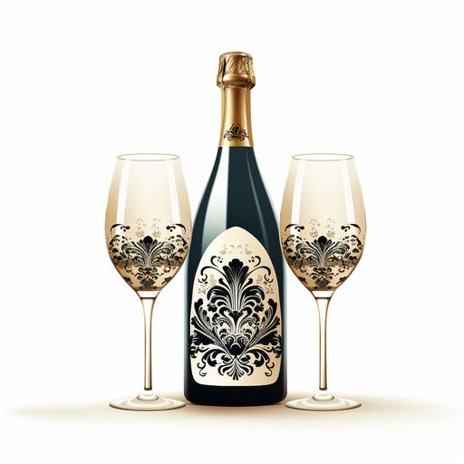 vector art: ornate magnum champagne wine bottle and crystal stemware champagne glasses, as an icon, black on white background --s 250