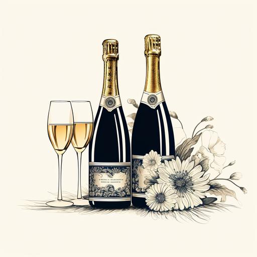 vector art: ornate magnum champagne wine bottle and crystal stemware champagne glasses, circular composition, black on white background --s 250