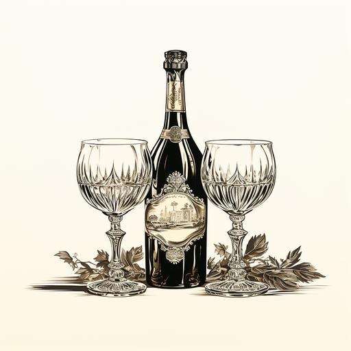 vector art: ornate magnum champagne wine bottle and crystal stemware champagne glasses, circular composition, black on white background --s 250