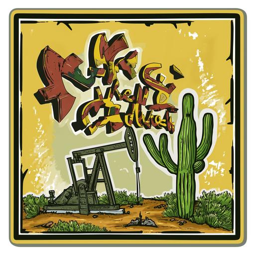 vector art, sticker, oilfield pump jack next to a cactus, the design has the text 