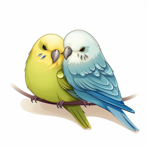 vector cartoon of one green and yellow budgie bird cuddling another light blue budgie bird with white head