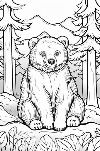 vector, coloring book for kids black and white, vector illustration of cute woodland bear, full page, --ar 2:3