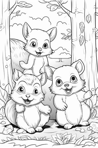 vector coloring book for kids black and white, vector illustration of cute woodland bears and squirrel laughing, full page, --ar 2:3