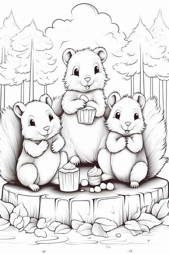 vector coloring book for kids black and white, vector illustration of cute woodland bears and squirrel laughing, full page, --ar 2:3