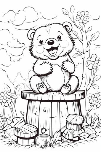 vector coloring book for kids black and white, vector illustration of laughing cute woodland bear reaching up to a bee hive, --ar 2:3