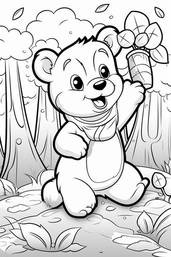 vector coloring book for kids black and white, vector illustration of cute woodland bear reaching up to a bee hive, full page, --ar 2:3