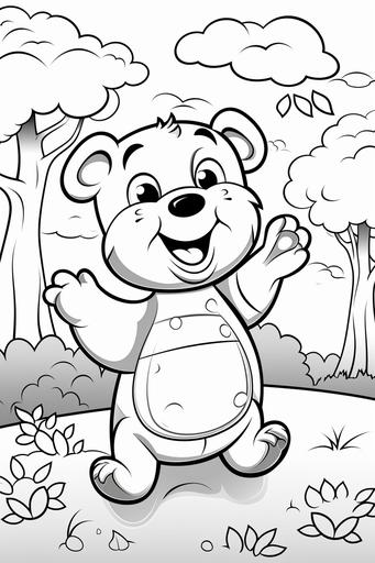 vector coloring book for kids black and white, vector illustration of laughing cute woodland bear reaching up to a bee hive, --ar 2:3