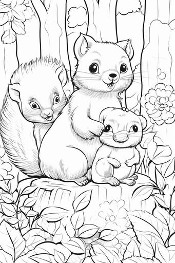 vector coloring book for kids black and white, vector illustration of cute woodland bears and squirrel laughing, full page, --ar 2:3