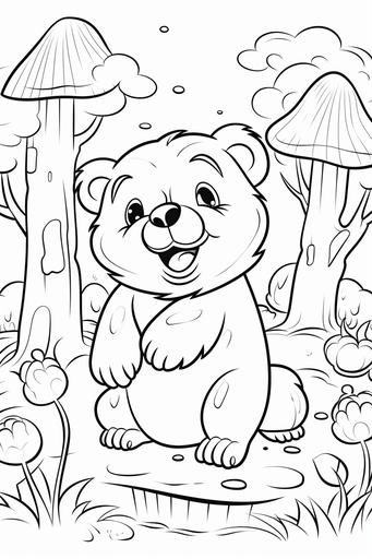 vector coloring book for kids black and white, vector illustration of laughing cute woodland bear reaching up to a bee hive, full page, --ar 2:3