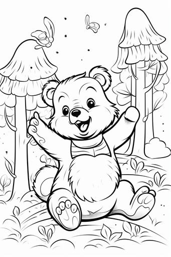 vector coloring book for kids black and white, vector illustration of laughing cute woodland bear reaching up to a bee hive, full page, --ar 2:3