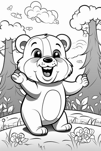 vector coloring book for kids black and white, vector illustration of laughing cute woodland bear reaching up to a bee hive, --ar 2:3