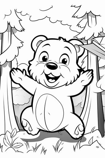 vector coloring book for kids black and white, vector illustration of laughing cute woodland bear reaching up to a bee hive, full page, --ar 2:3