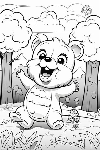 vector coloring book for kids black and white, vector illustration of laughing cute woodland bear reaching up to a bee hive, --ar 2:3