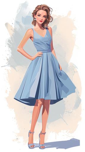 vector illustration, 2d, white background, full length beautiful young woman wearing light blue dress and high heels --ar 9:16 --style raw --v 6.0