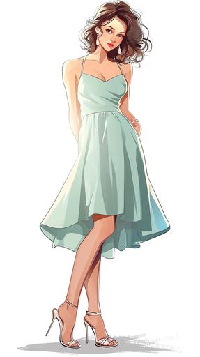 vector illustration, 2d, white background, full length beautiful young woman wearing light blue dress and high heels --ar 9:16 --style raw --v 6.0