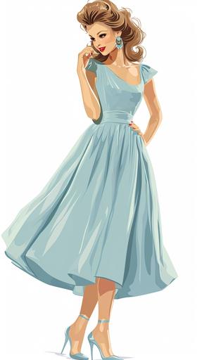 vector illustration, 2d, white background, full length beautiful young woman wearing light blue dress and high heels --ar 9:16 --style raw --v 6.0