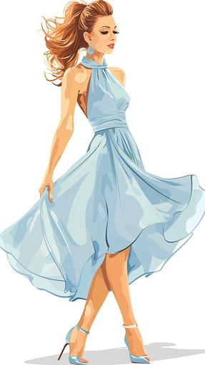 vector illustration, 2d, white background, full length beautiful young woman wearing light blue dress and high heels --ar 9:16 --style raw --v 6.0