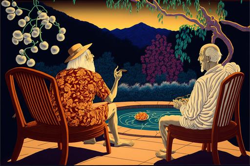 vector illustration, a pool side chat with the funniest person who ever lived, vivid colors, highly detailed, oak trees and mountains in the background, california native basketry, synesthesia, full frame photo, realistic faces, Production still, night flash photo, hyper realism, super detailed, insanely detailed, cinematic lighting, action shot, photorealistic, Studio Lighting, reflections, dynamic pose, Cinematic, Color Grading, Ultra-Wide Angle, Depth of Field, beautifully color-coded, intricate details, Photoshoot, HD, 8k, vibrant colors --ar 3:2 --no cropping
