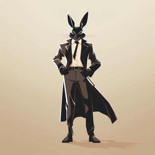 vector illustration, adult stylized bunny with long legs, wearing a long coat and tall boots as part of its secret agent costume. This refined bunny, in a sleek and elegant action pose, combines a mature and sophisticated aesthetic with softer, rounded lines, enhancing its tall and slender figure against a solid white background. It had a magnifiying glass on his hand --v 5.2