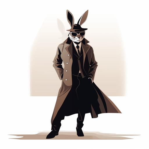 vector illustration, adult stylized bunny with long legs, wearing a long coat and tall boots and a fedora hat tilted over one eye, as part of its secret agent costume. This refined bunny, in a sleek and elegant action pose, combines a mature and sophisticated aesthetic with softer, rounded lines, enhancing its tall and slender figure against a solid white background. It had a magnifiying glass on his hand --v 5.2